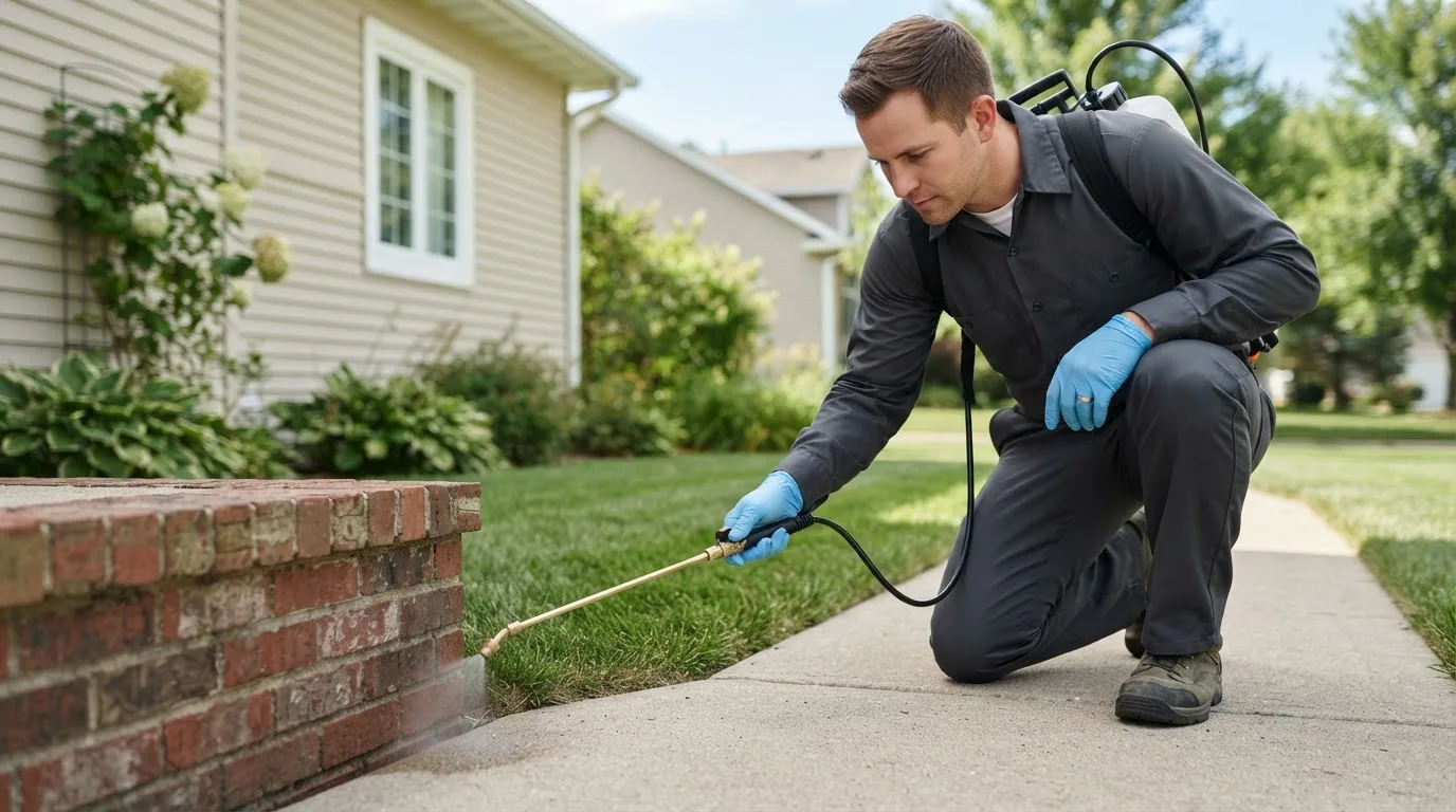Pest control technician treating a home near Mongo, IN